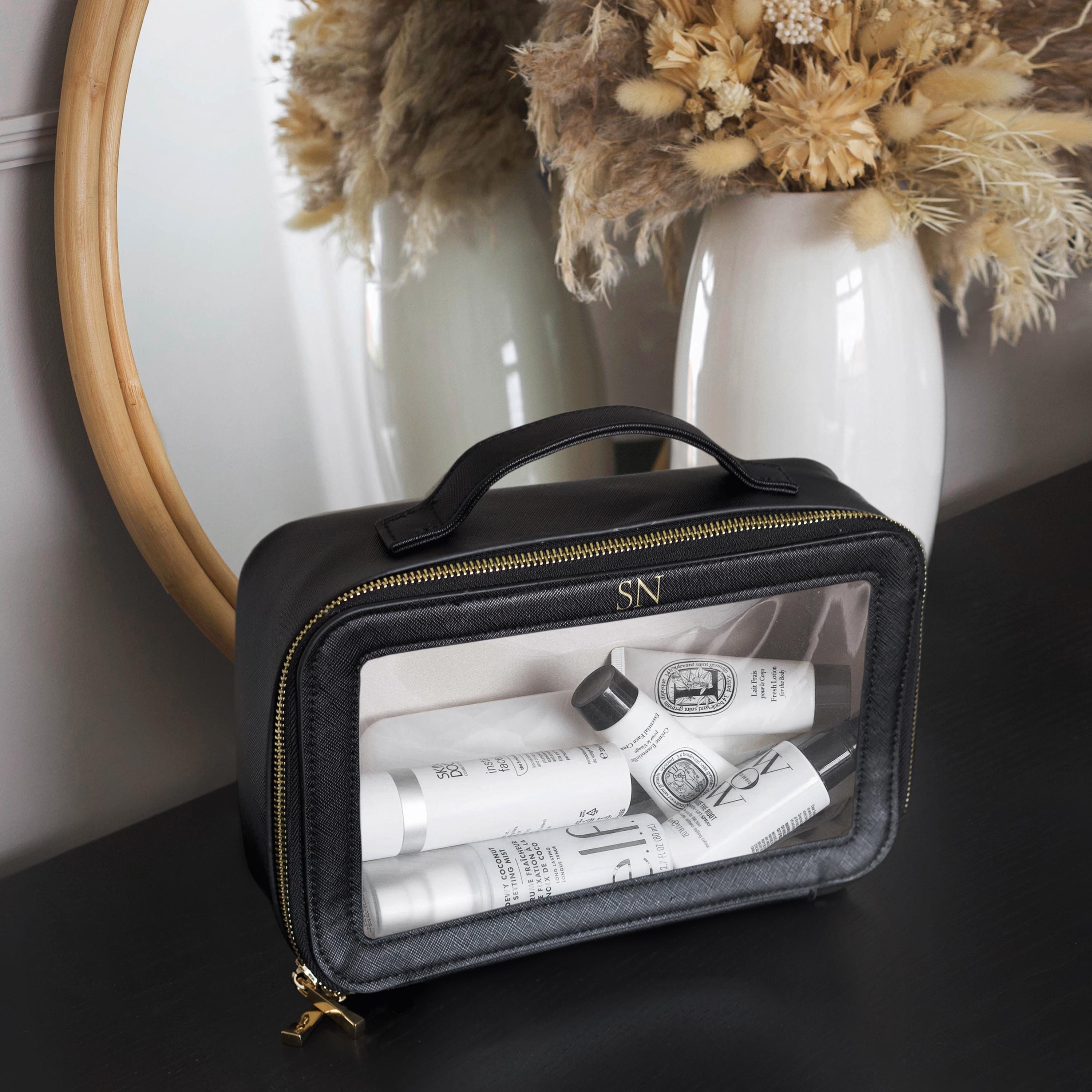 Personalised clear cosmetic bag with small monogram, custom makeup bag, clear wash travel bag personalised gift for bridesmaid, travel bag