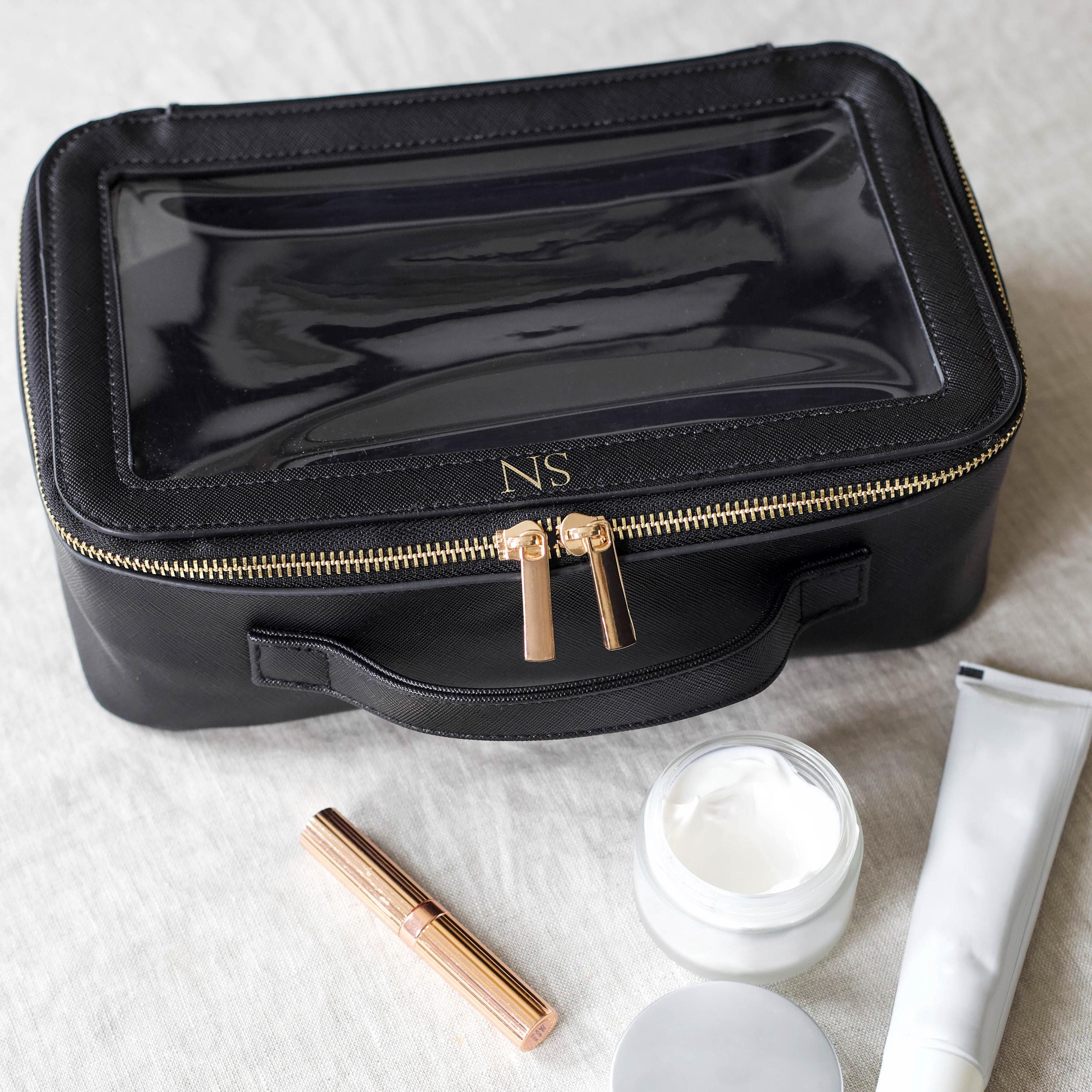 Personalised clear cosmetic bag with small monogram, custom makeup bag, clear wash travel bag personalised gift for bridesmaid, travel bag