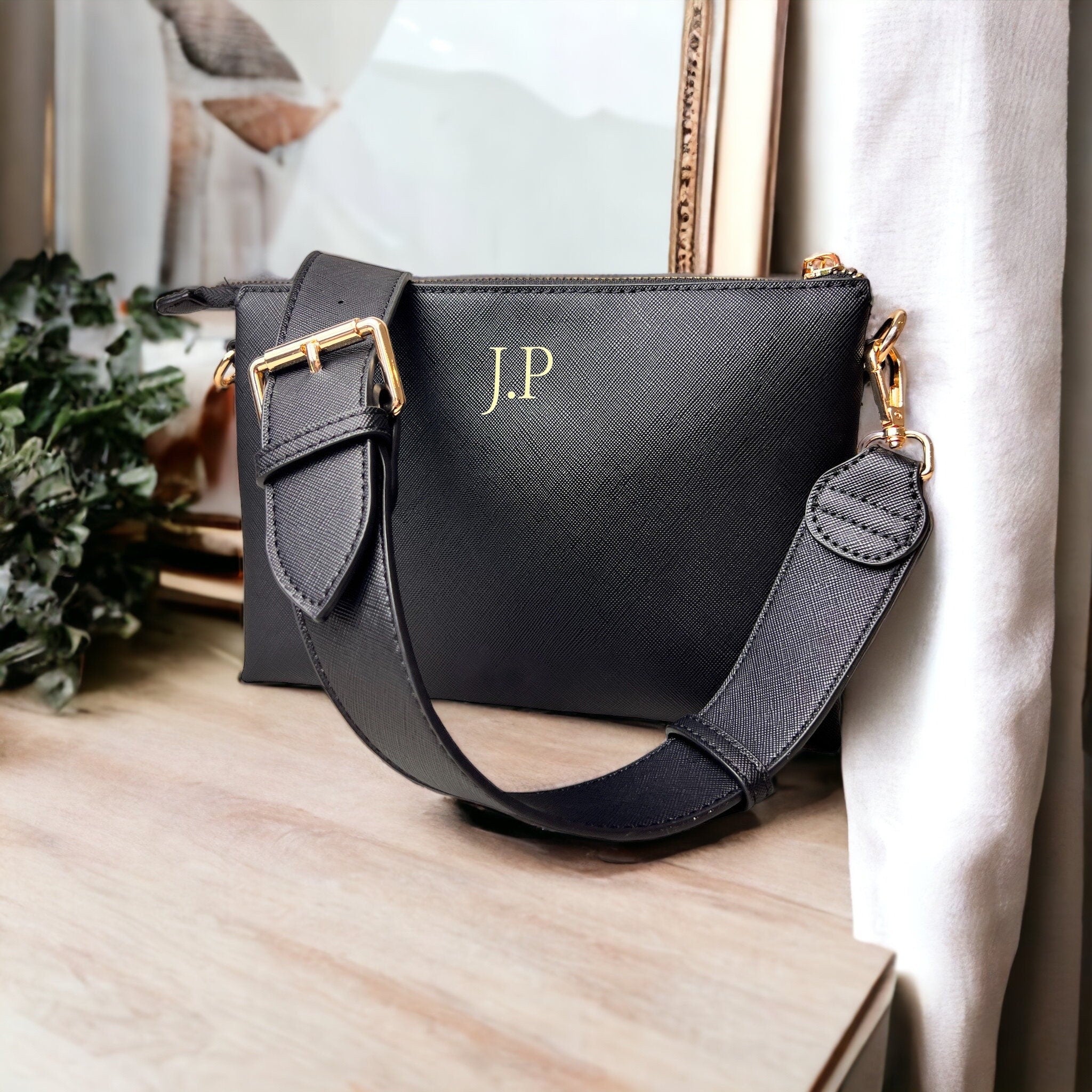Personalised Cross Body bag, bag with strap, monogram bag, custom shoulder bag, vegan leather bag, bags for women, custom initials on bag - Jessica Hollie Gifts