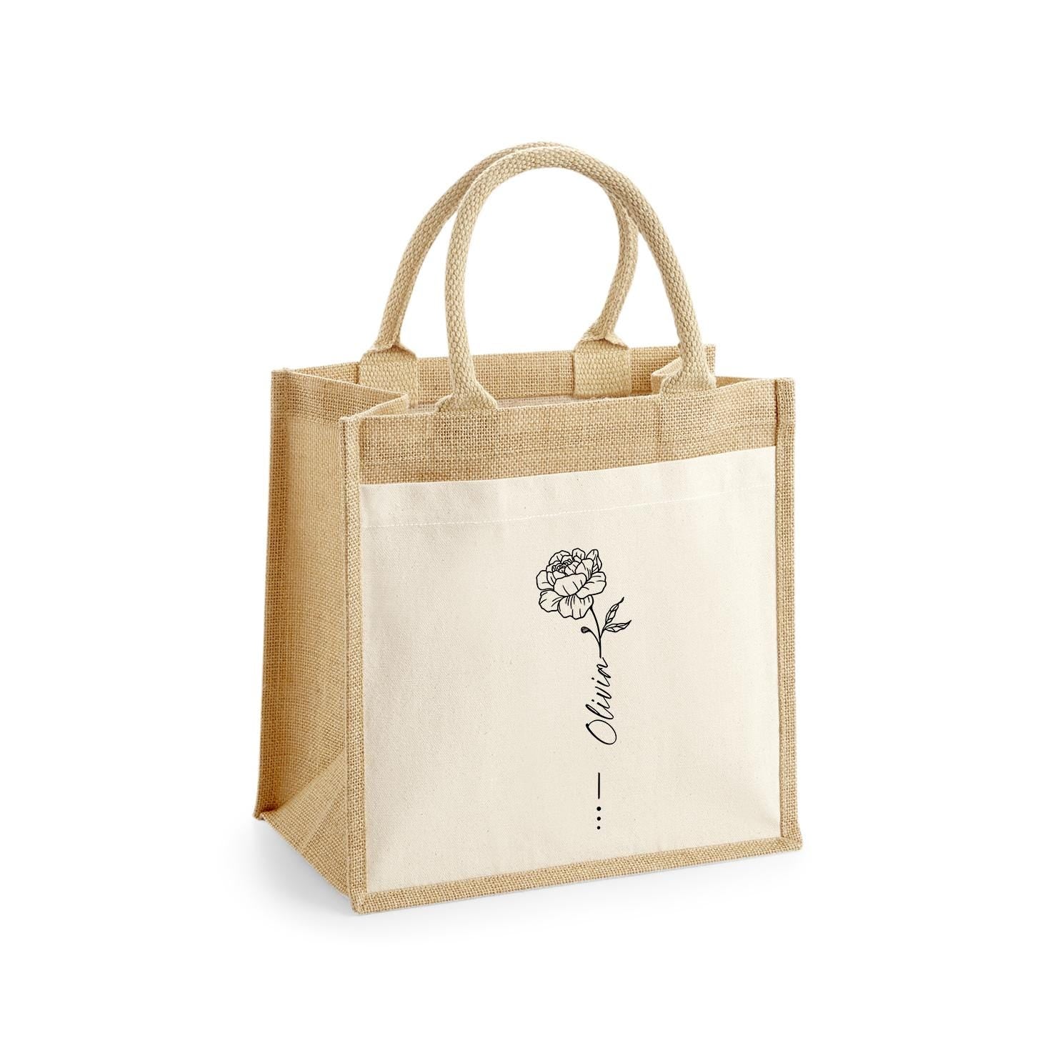 Personalised Jute Tote Bag with Custom Birth Flower, Birth Month Flower Gift, Unique Birth Flower Gift for Her, Eco - Friendly Reusable Bag - Jessica Hollie Gifts