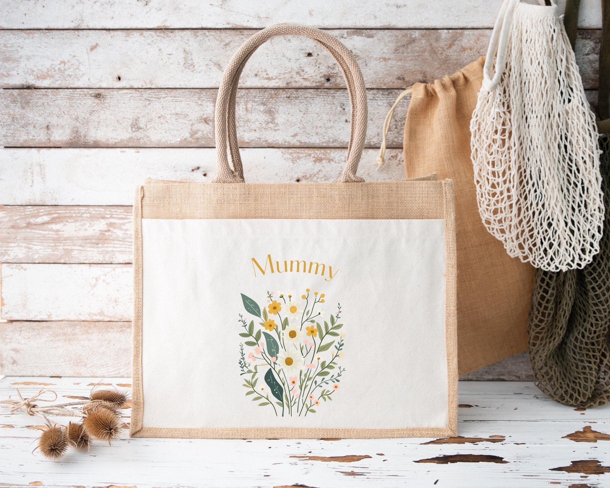 Personalised Jute Tote Bag with Pocket, Custom Floral Shopper Gift for Mum, Nanny, Grandma, Women, Birthday, Eco Reusable Mothers Day - Jessica Hollie Gifts