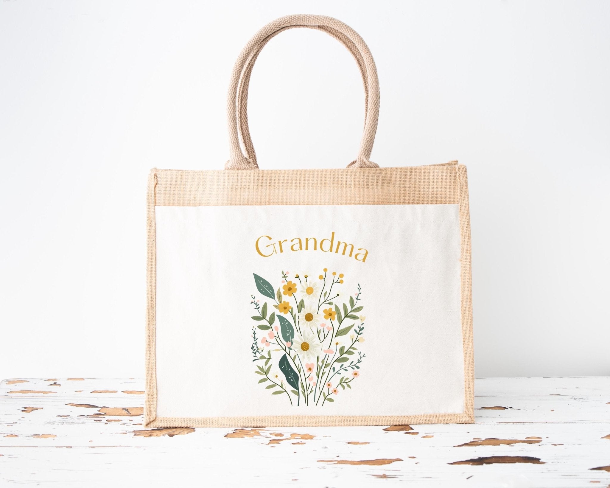 Personalised Jute Tote Bag with Pocket, Custom Floral Shopper Gift for Mum, Nanny, Grandma, Women, Birthday, Eco Reusable Mothers Day - Jessica Hollie Gifts
