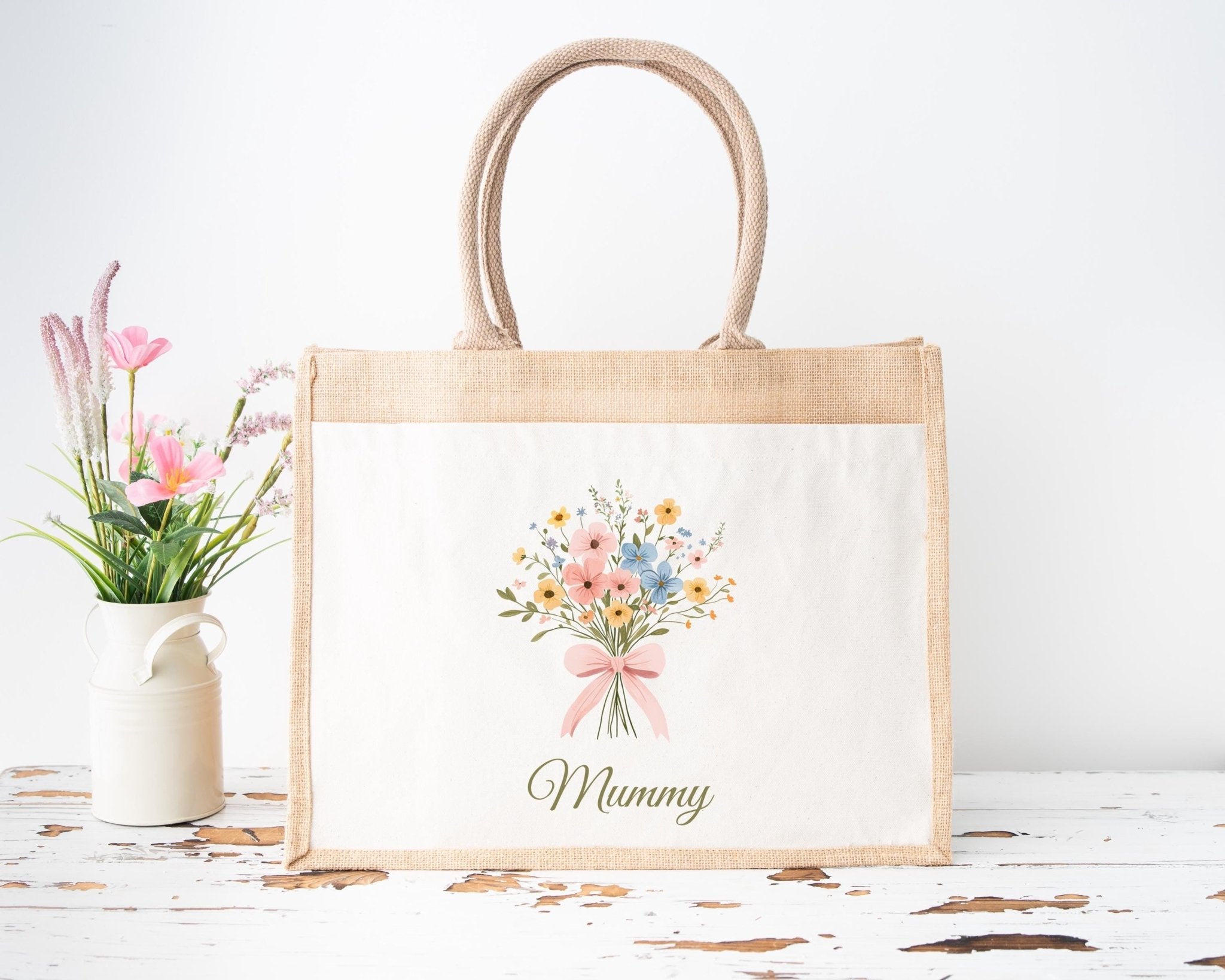 Personalised Jute Tote Bag with Pocket, Custom Floral Shopper Gift for Mum, Nanny, Grandma, Women, Birthday, Eco Reusable Mothers Day - Jessica Hollie Gifts