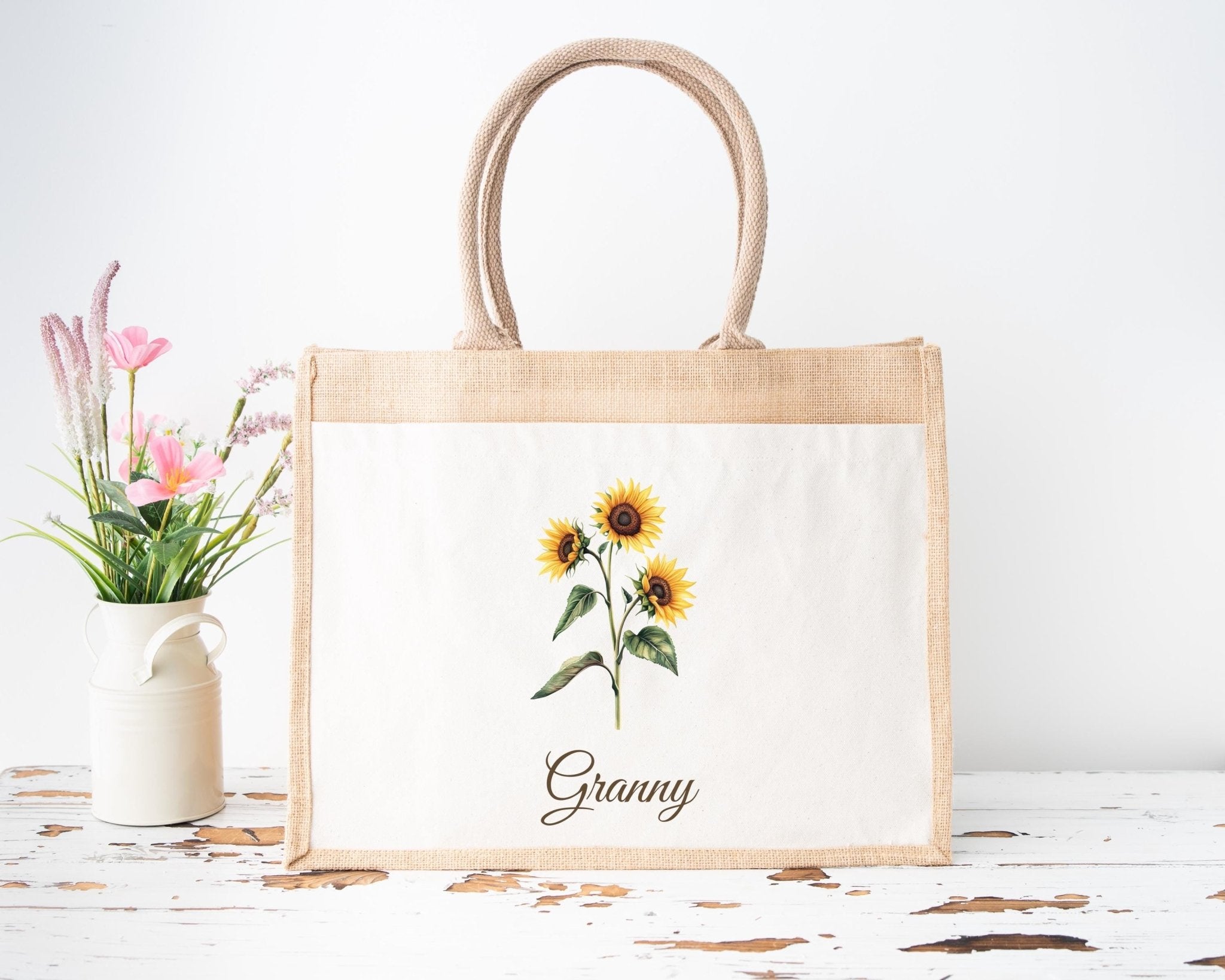 Personalised Jute Tote Bag with Pocket, Custom Floral Shopper Gift for Mum, Nanny, Grandma, Women, Birthday, Eco Reusable Mothers Day - Jessica Hollie Gifts