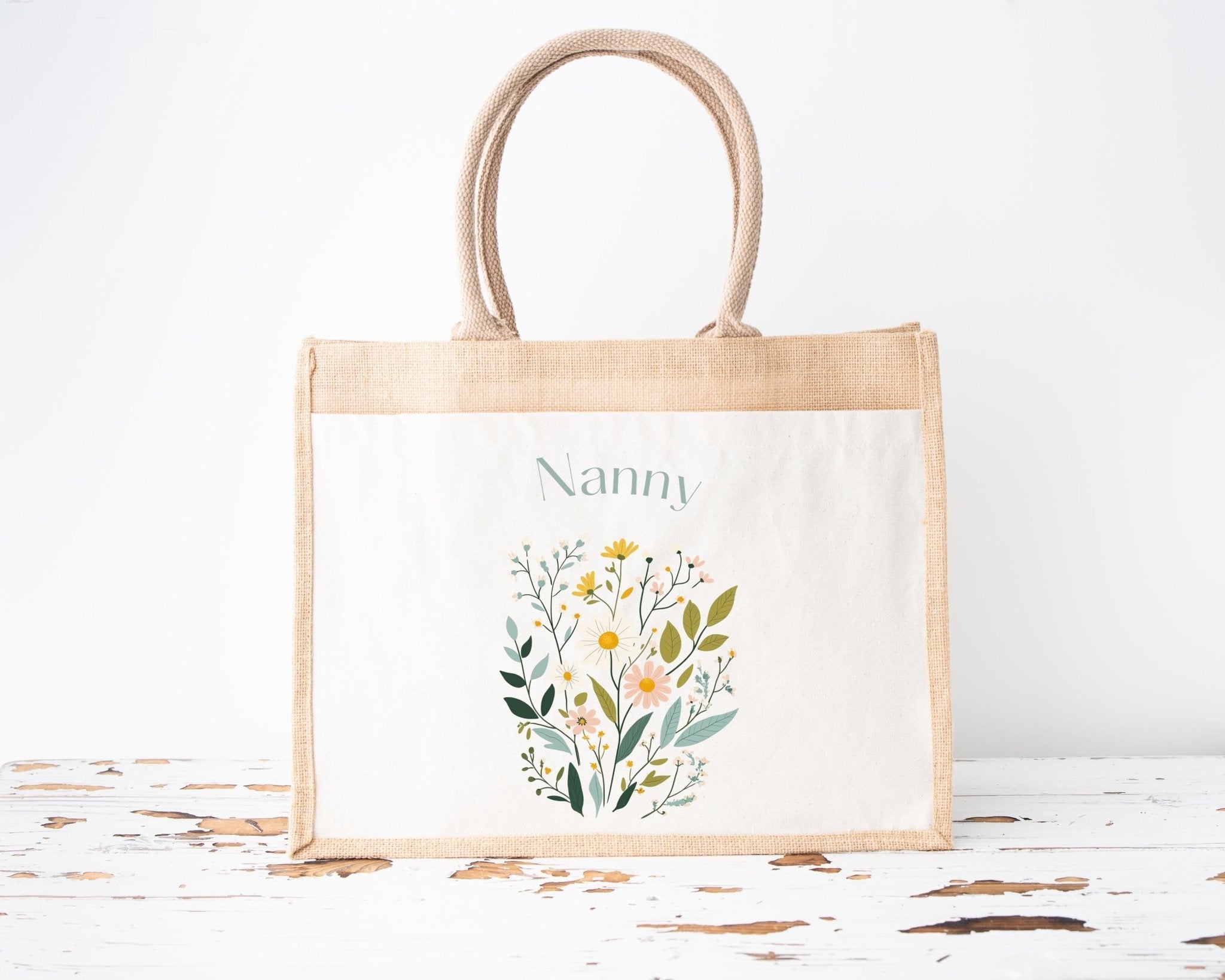 Personalised Jute Tote Bag with Pocket, Custom Floral Shopper Gift for Mum, Nanny, Grandma, Women, Birthday, Eco Reusable Mothers Day - Jessica Hollie Gifts
