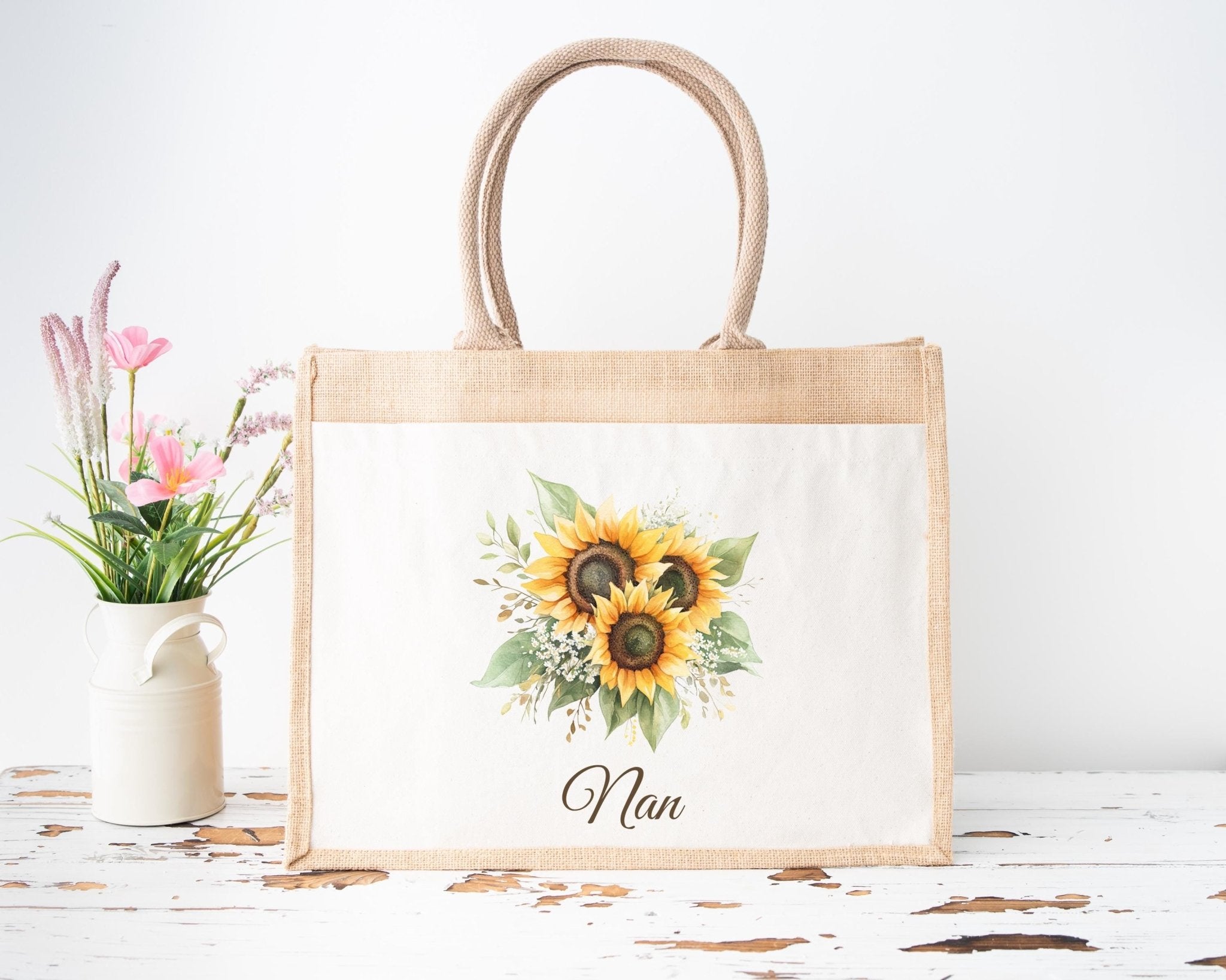 Personalised Jute Tote Bag with Pocket, Custom Floral Shopper Gift for Mum, Nanny, Grandma, Women, Birthday, Eco Reusable Mothers Day - Jessica Hollie Gifts
