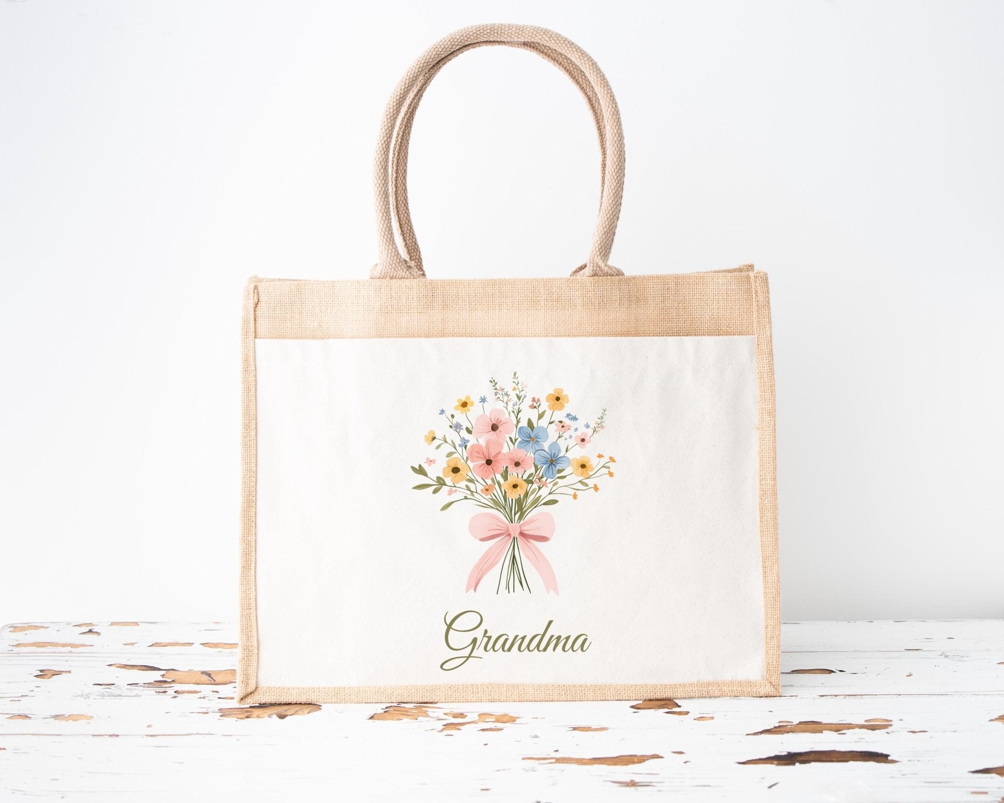 Personalised Jute Tote Bag with Pocket, Custom Floral Shopper Gift for Mum, Nanny, Grandma, Women, Birthday, Eco Reusable Mothers Day - Jessica Hollie Gifts